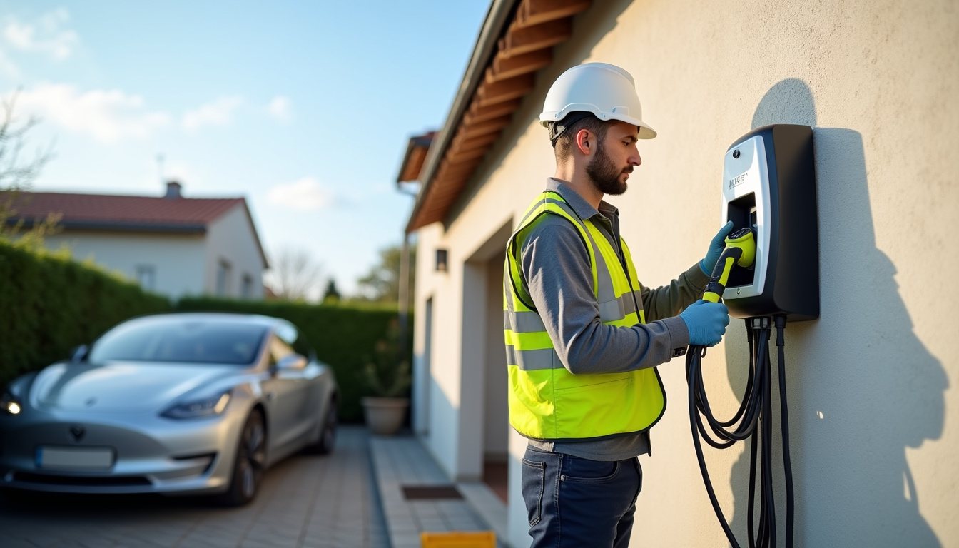 Électricien certifié IRVE en train d’installer une borne de recharge sur un mur extérieur
