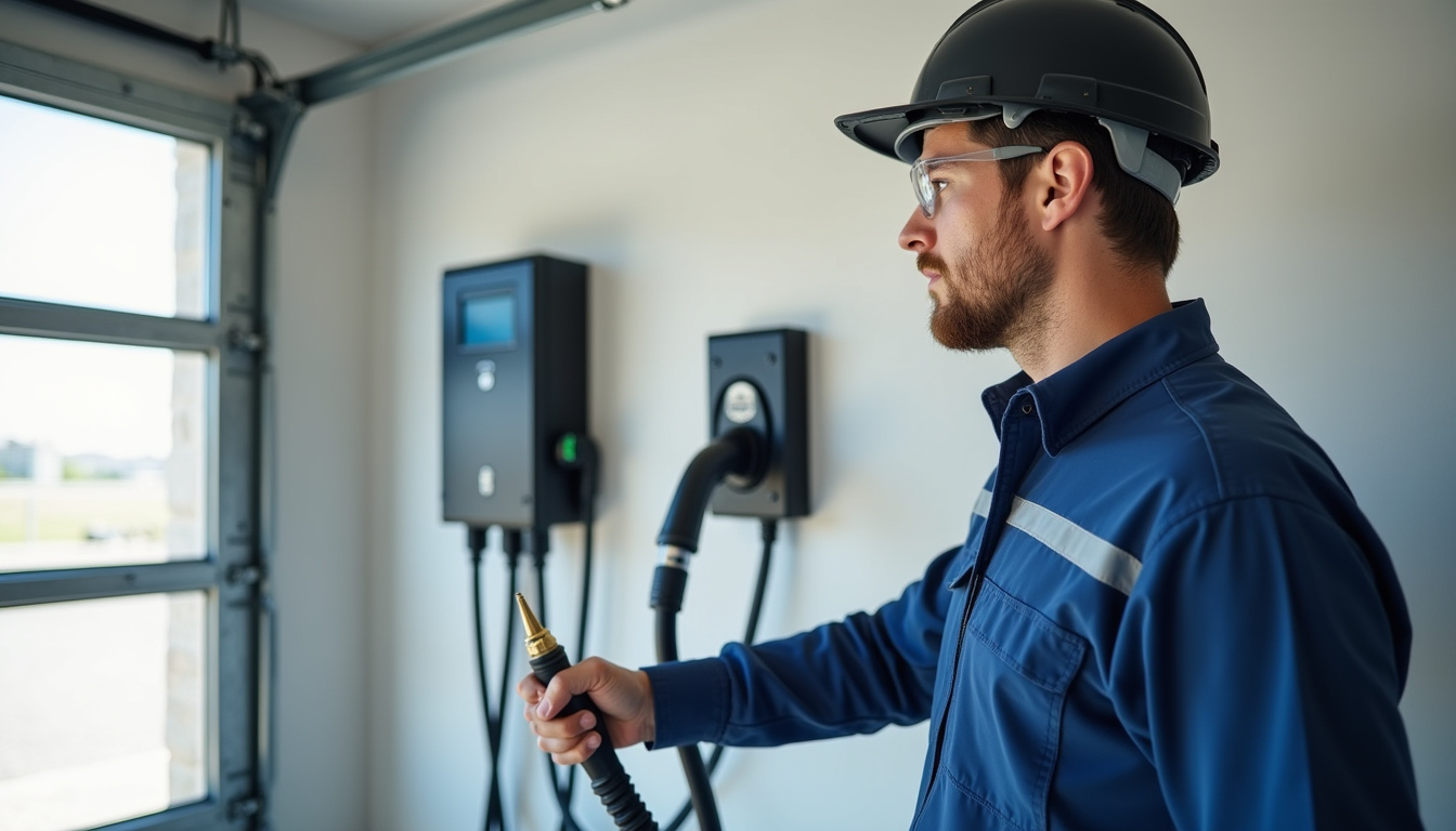 Électricien certifié IRVE en train d'installer une borne électrique à Jouy-le-Moutier