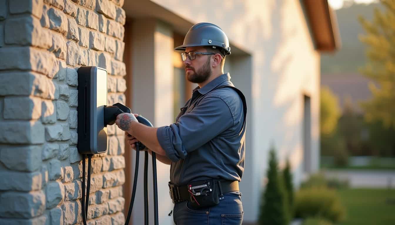 Électricien certifié IRVE en train d'installer une borne électrique à Messeix