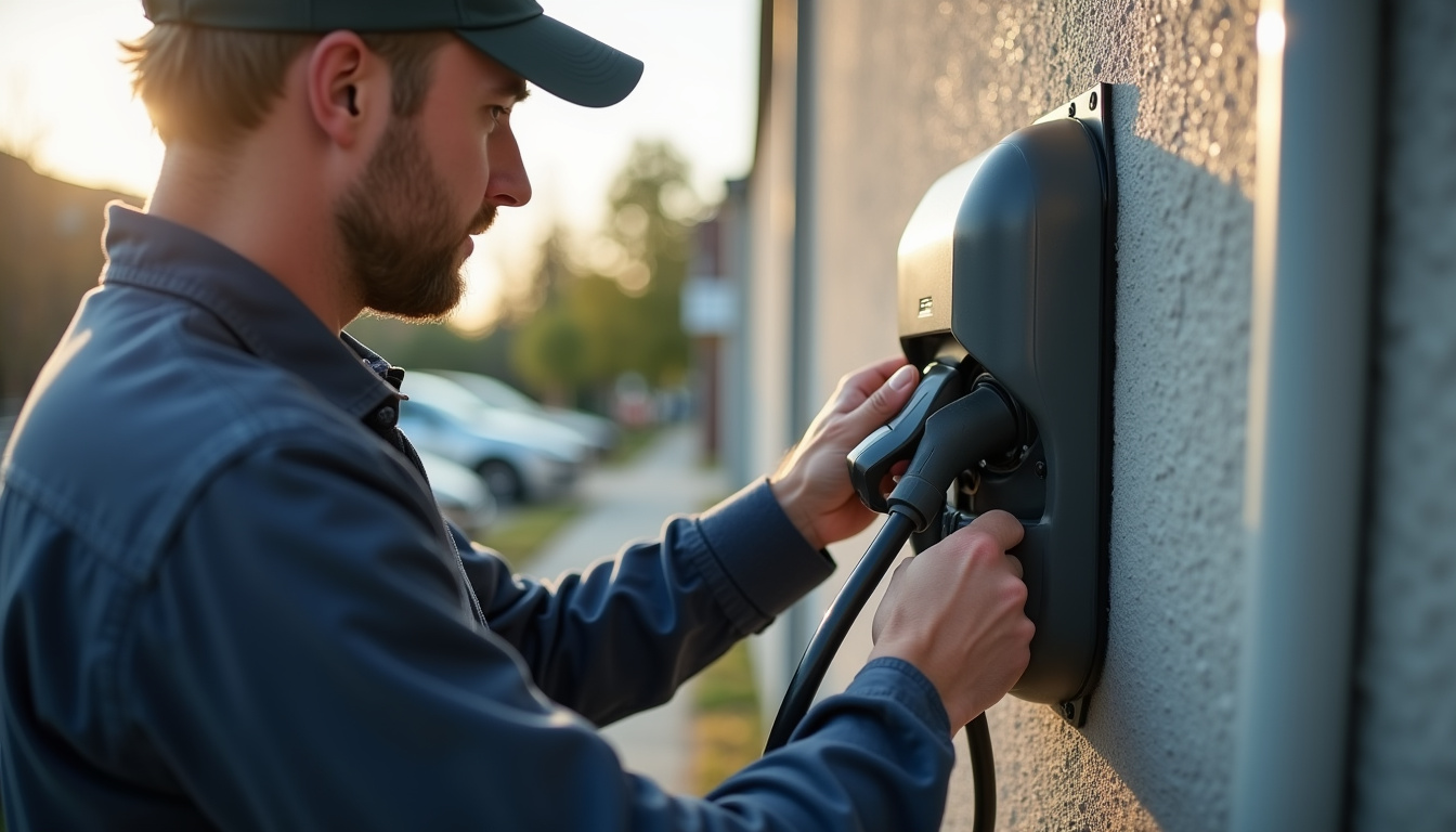 Électricien certifié IRVE en train d'installer une borne électrique à Plainfaing