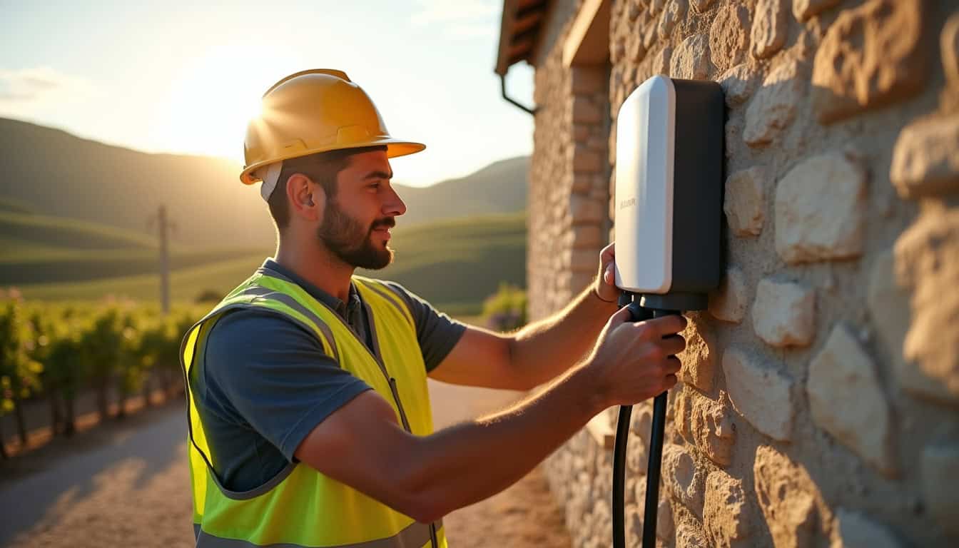 Électricien certifié IRVE en train d'installer une borne électrique aux Mées