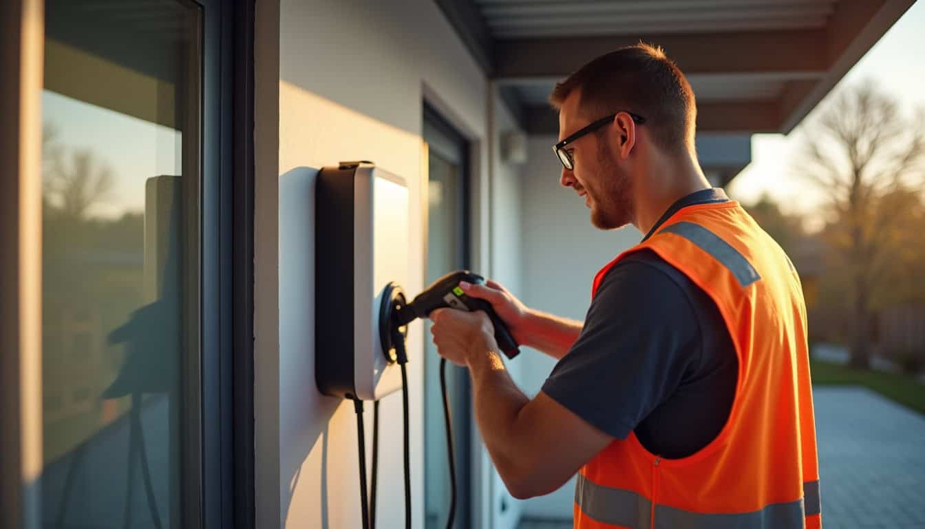 Électricien certifié IRVE en train d'installer une borne murale à Amnéville