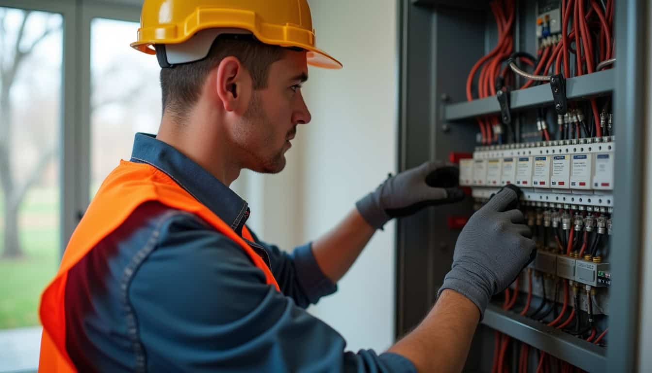 Électricien certifié IRVE inspectant un tableau électrique pour installation de borne