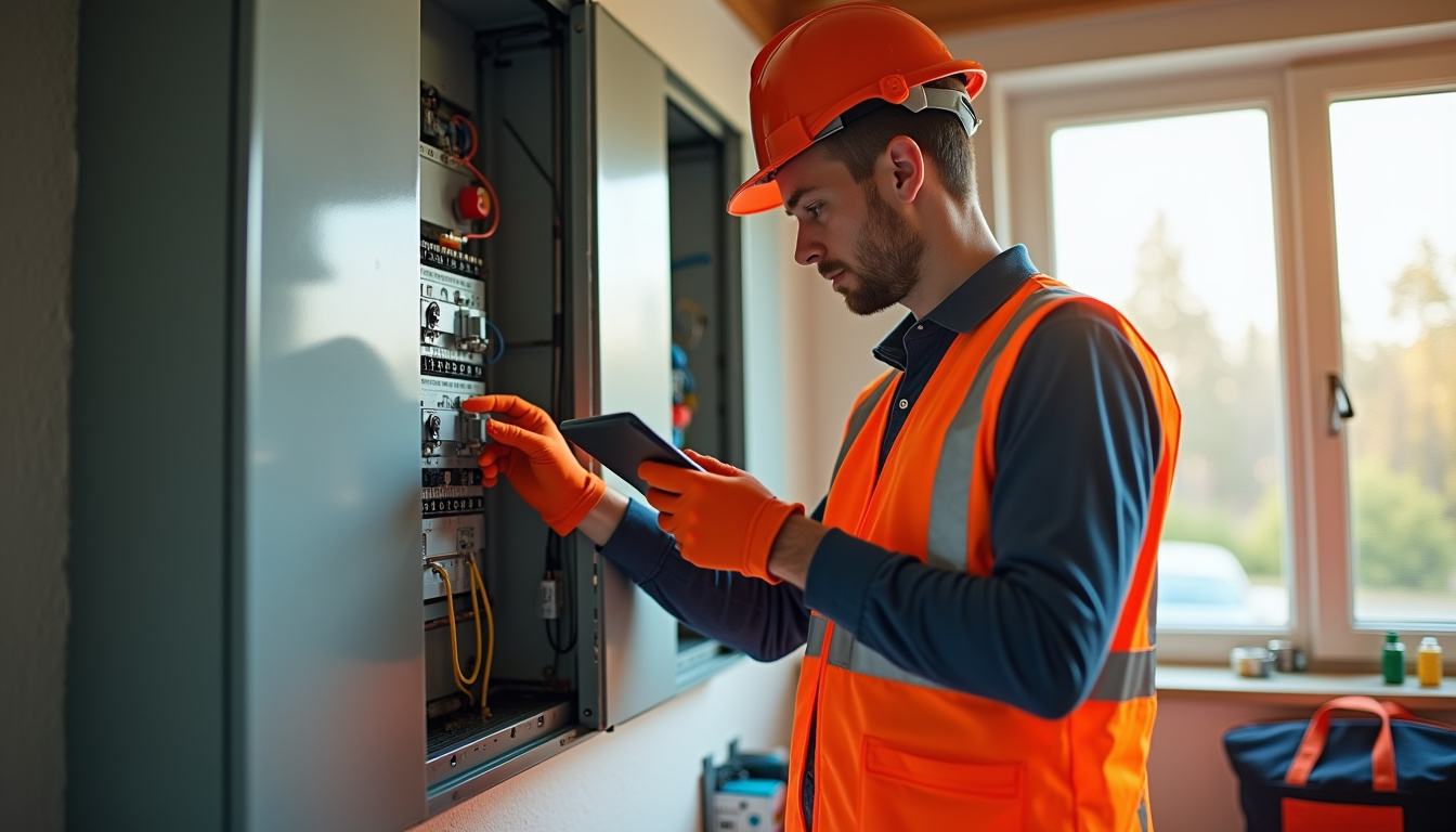 Électricien certifié IRVE vérifiant le tableau électrique avant installation d'une borne à Saint-Vincent-des-Landes