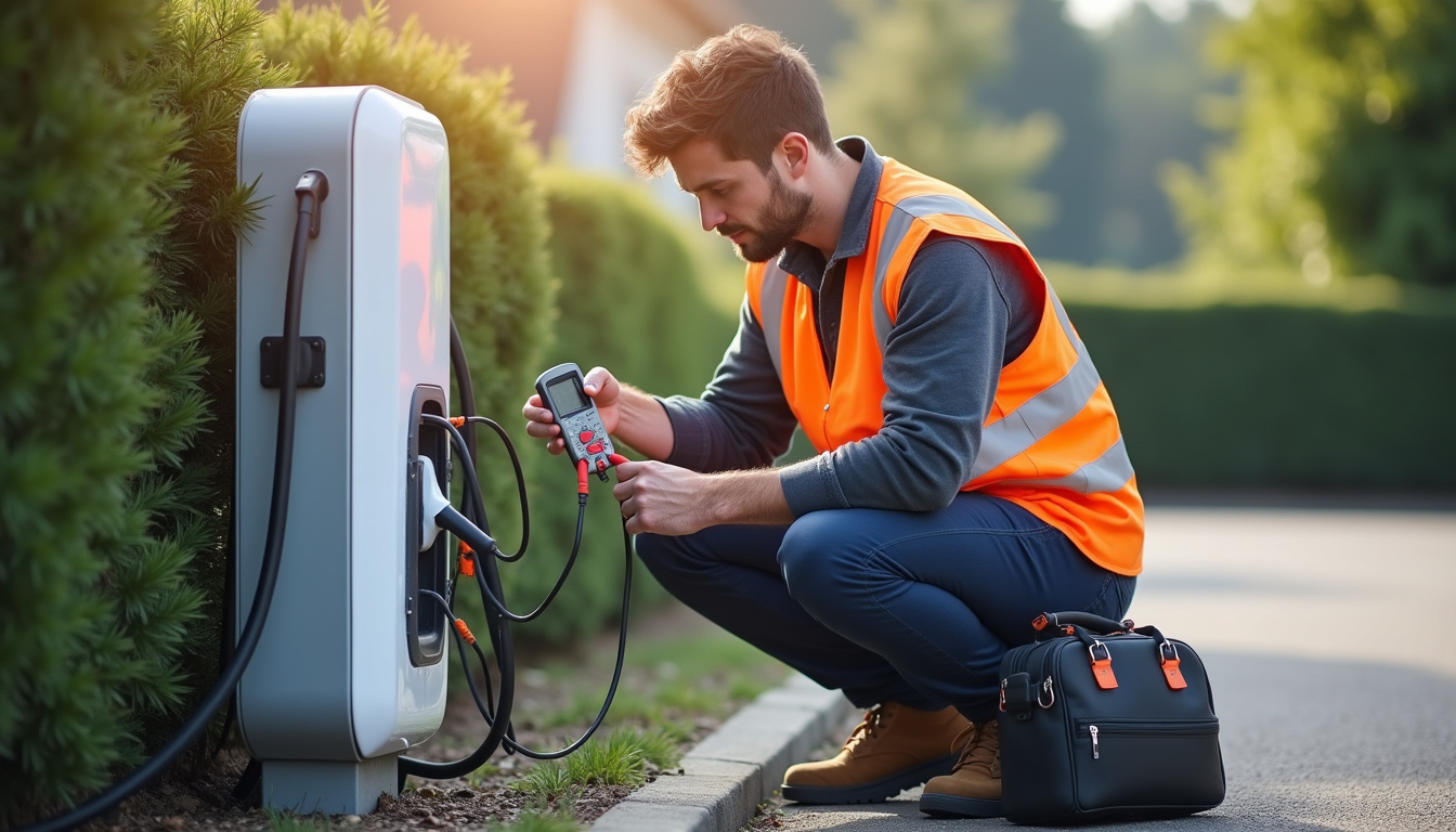 Électricien certifié IRVE vérifiant une borne de recharge électrique installée à Wailly-Beaucamp