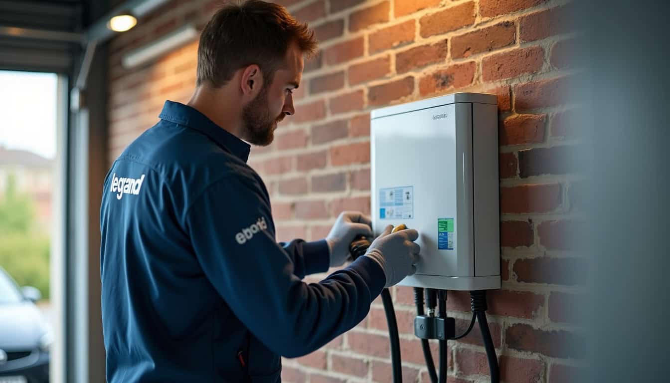 Électricien certifié Legrand réalisant l’installation d’une borne de recharge électrique dans une maison à Rumersheim-le-Haut