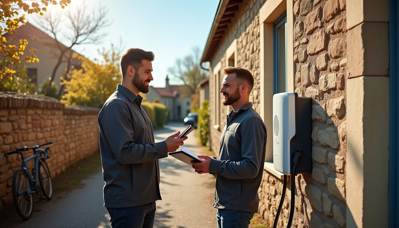 Électricien discutant avec un client à Le Bousquet-d’Orb lors d'un devis pour une borne de recharge