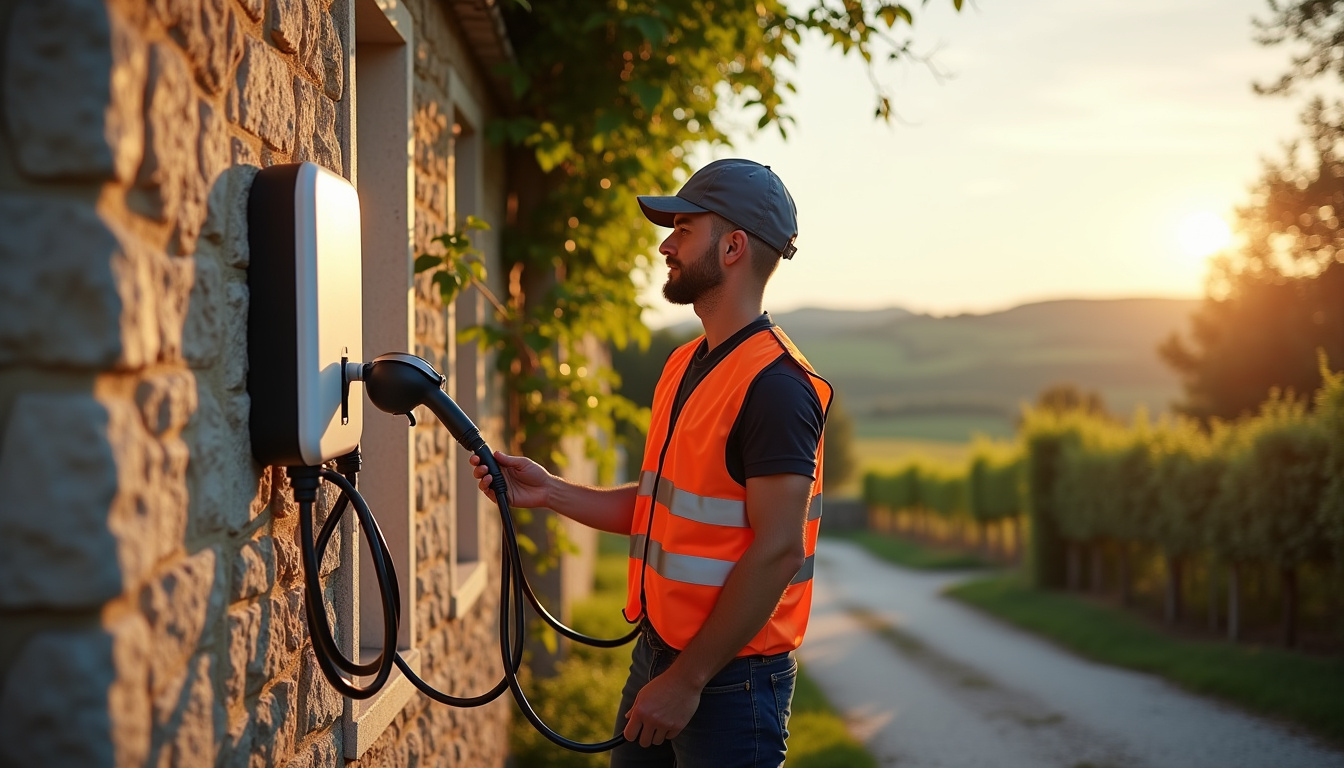 Électricien en intervention pour installer une borne de recharge à Vindry-sur-Turdine