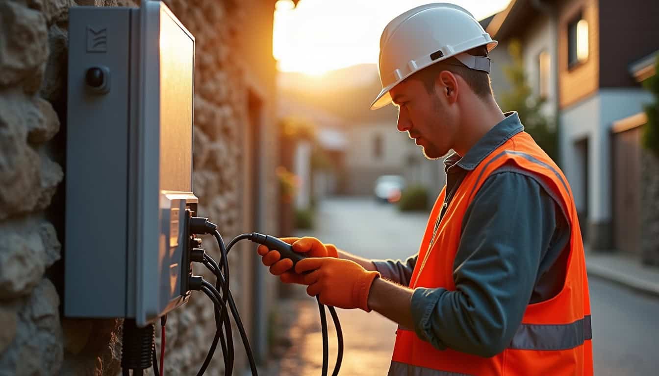 Électricien en intervention pour l'installation d'une borne de recharge à Châtillon-sur-Cluses, en train de connecter les câbles