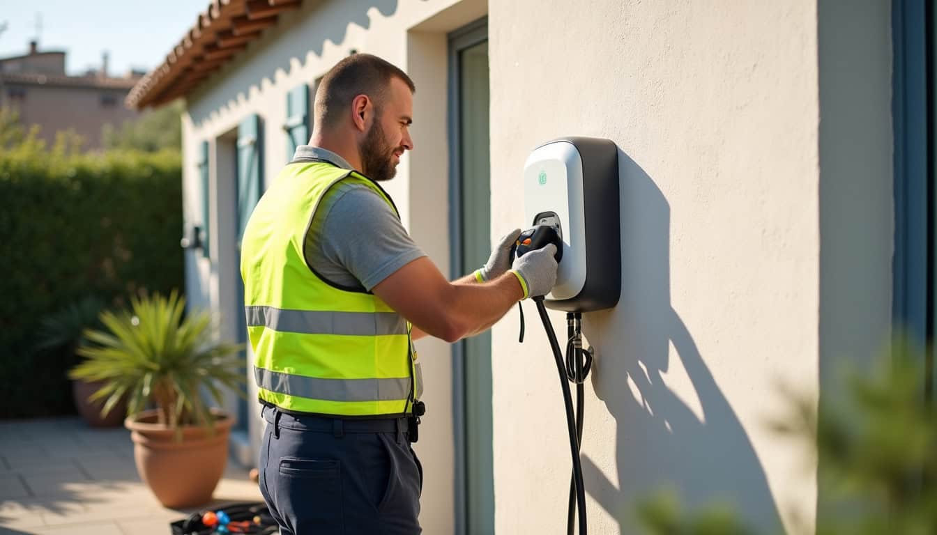 Électricien en intervention pour l'installation d'une borne de recharge à Fabrègues