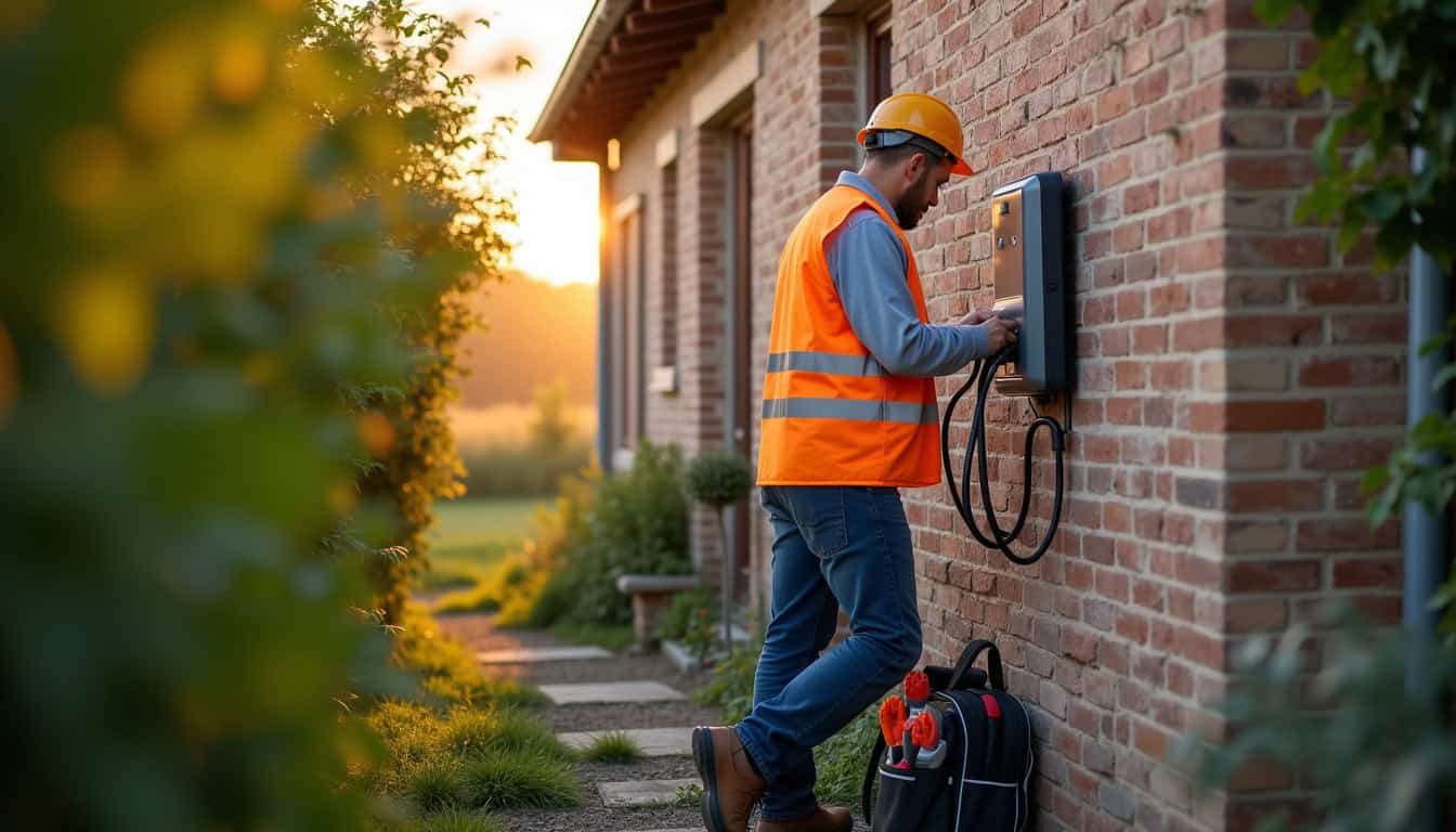 Électricien en intervention pour l'installation d'une borne de recharge à Flavy-le-Martel
