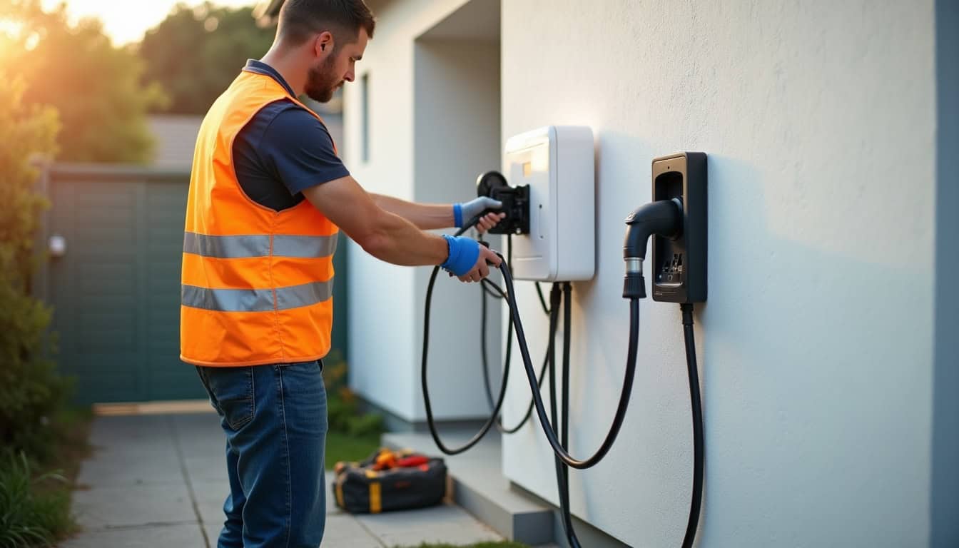Électricien en intervention pour l’installation d’une borne de recharge à Vallères