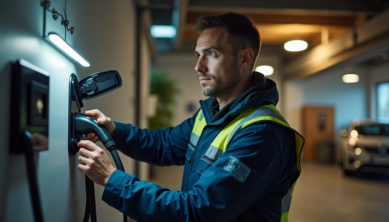 Électricien en tenue de travail installant une borne de recharge dans un garage à Boué, câble en main
