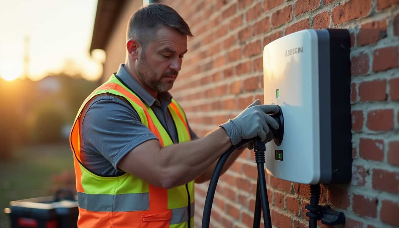 Électricien en tenue de travail installant une borne de recharge électrique sur un mur extérieur à Plouasne