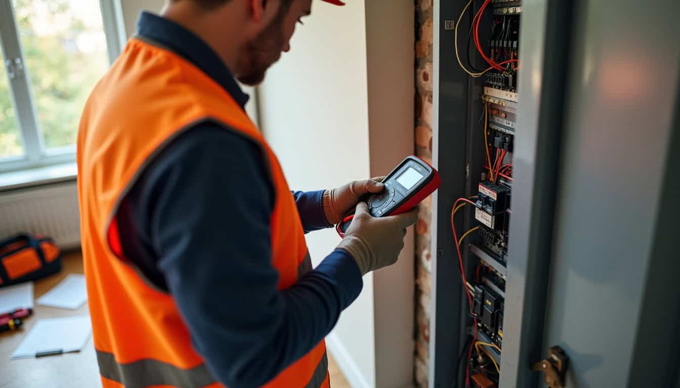 Électricien en train d'analyser le tableau électrique pour une étude de faisabilité de borne de recharge