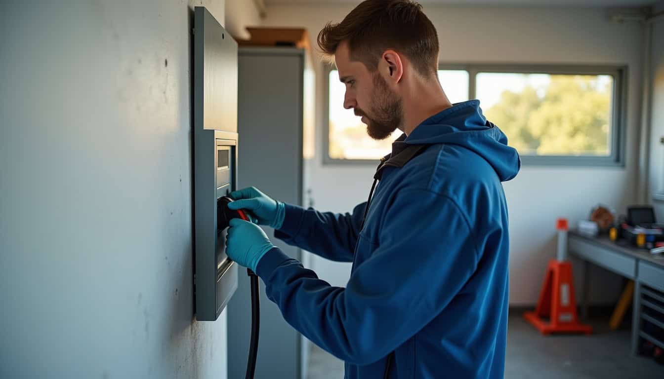 Électricien en train de connecter une borne de recharge au tableau électrique dans un garage à Royan