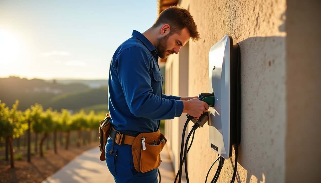 Électricien en train de fixer une borne de recharge murale à Théziers