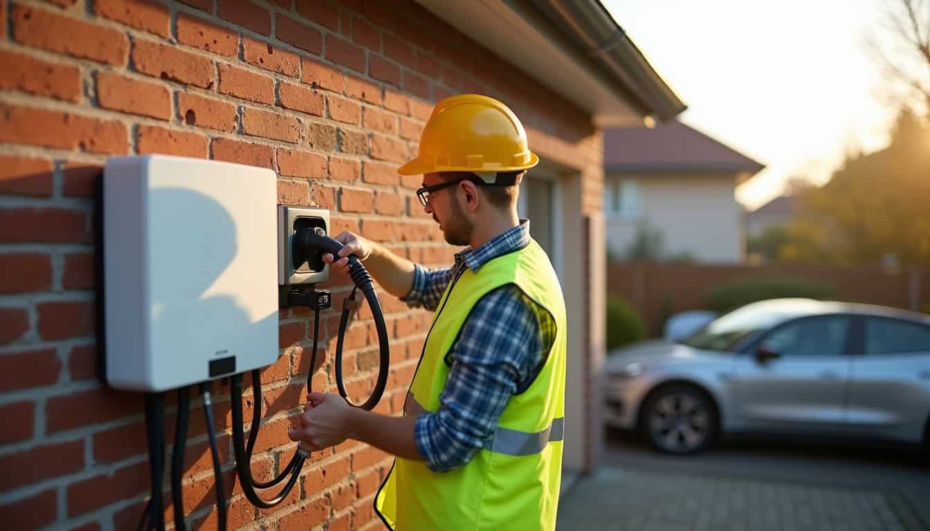 Électricien en train de fixer une borne de recharge murale sur un mur extérieur à Obersaasheim