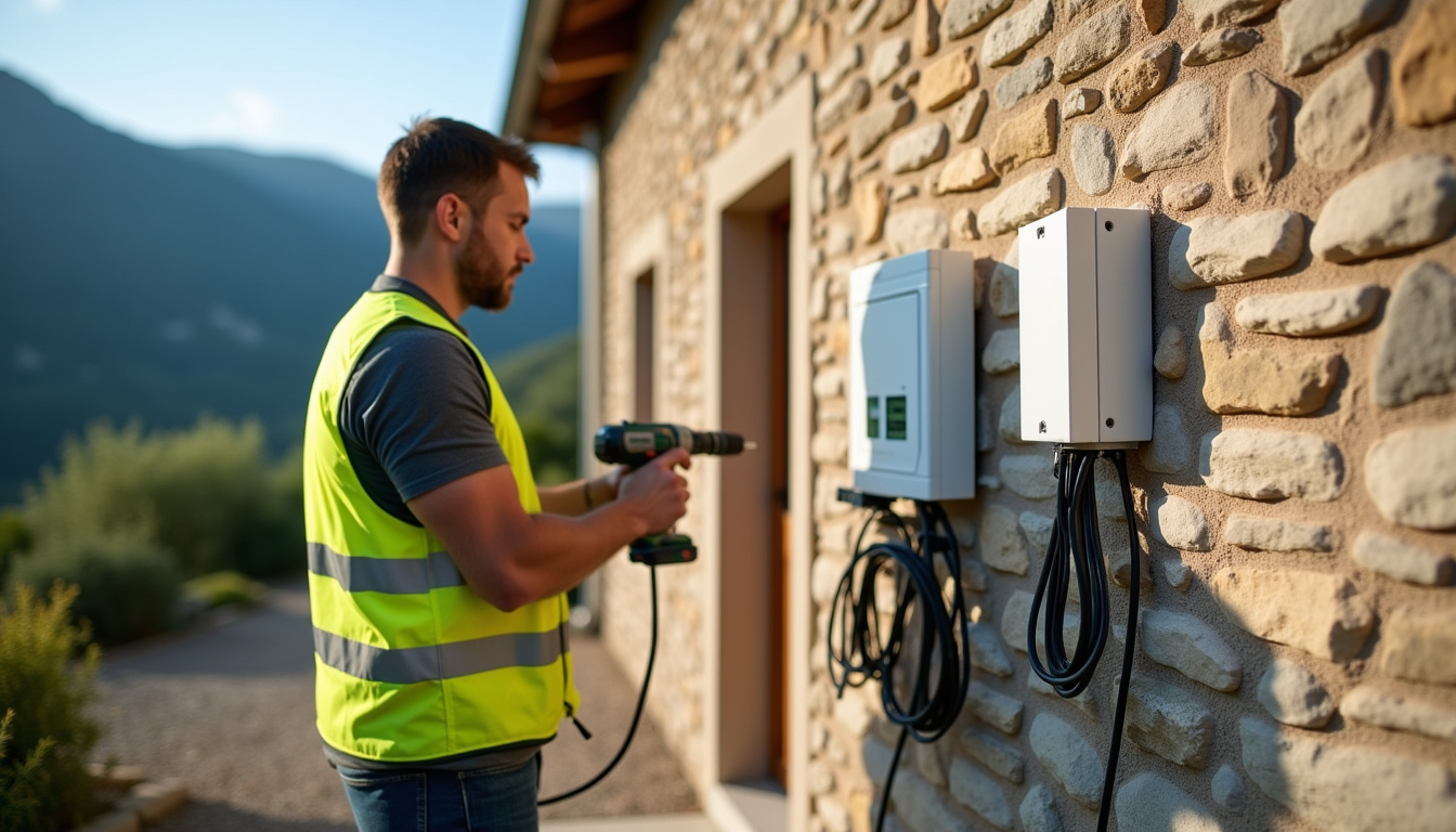 Électricien en train de fixer une borne de recharge sur un mur extérieur à Campan