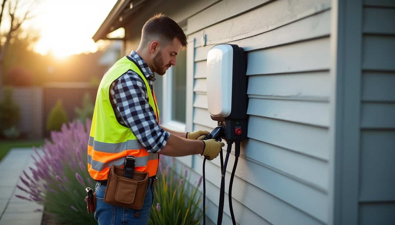 Électricien en train de poser une borne de recharge électrique sur un mur extérieur d'une maison individuelle