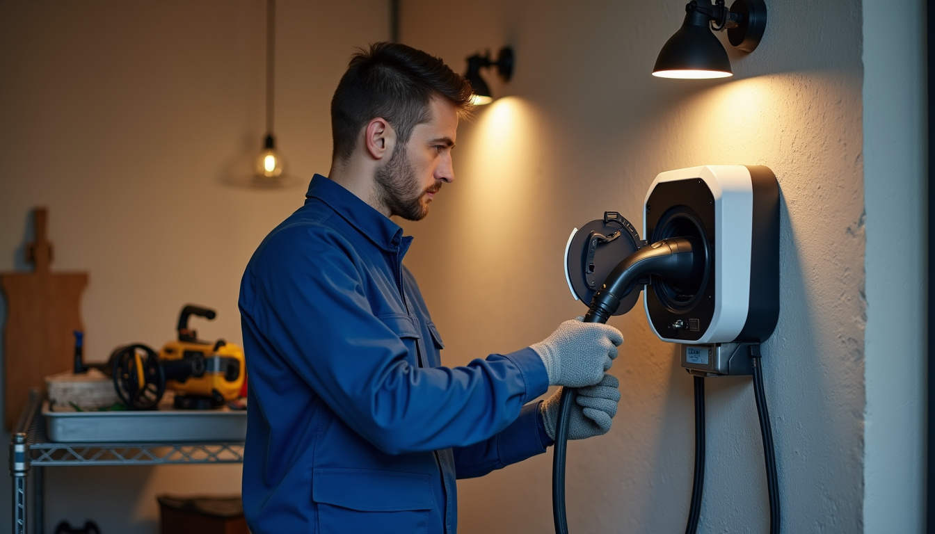 Électricien en train de poser une borne de recharge murale dans un garage à Cambon