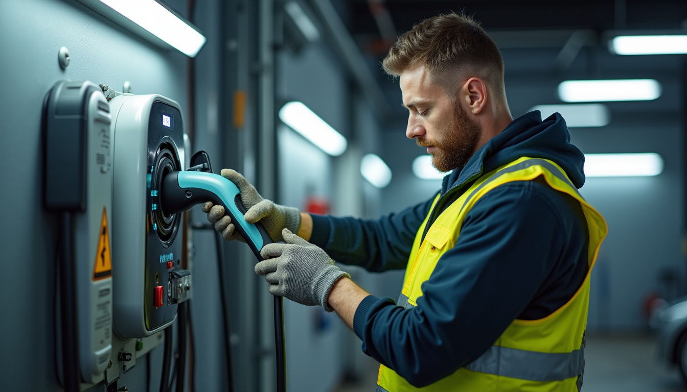 Électricien en train de poser une borne de recharge murale dans un garage, en respectant les normes de sécurité électrique