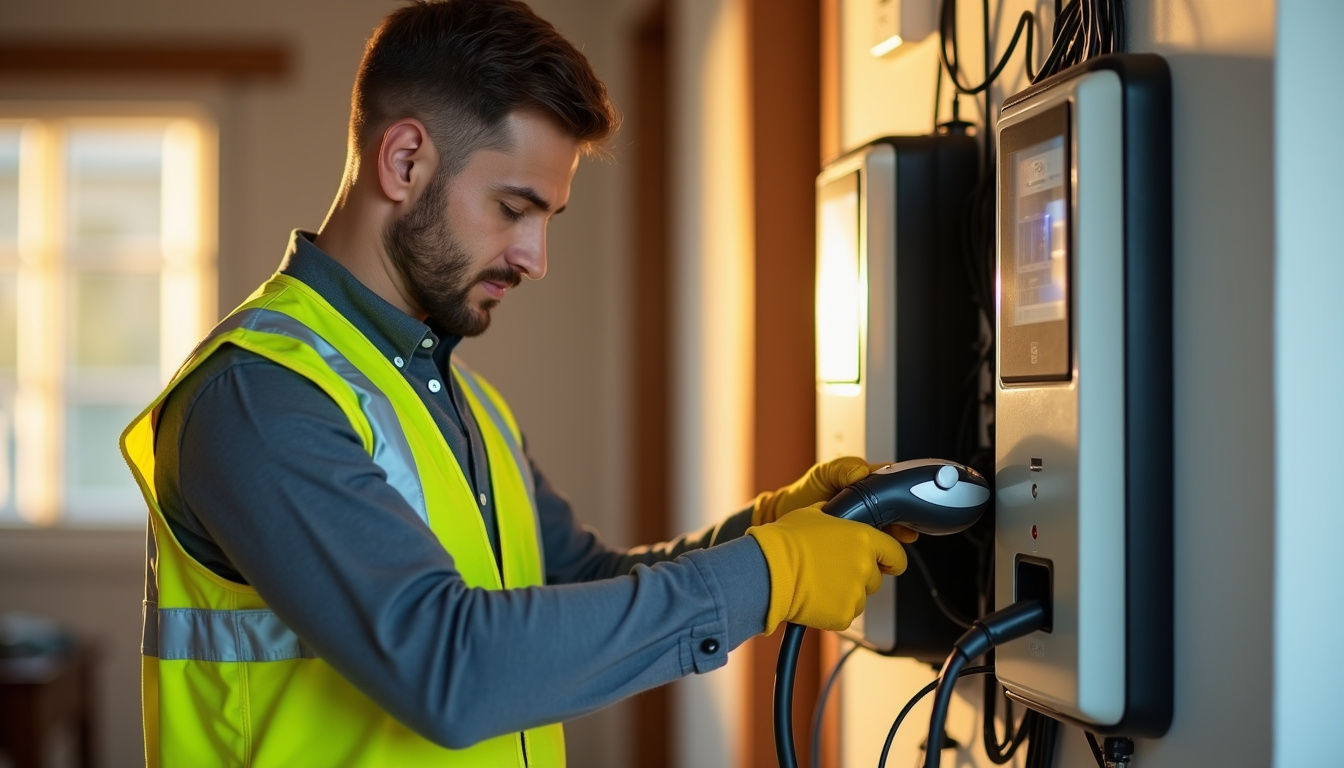 Électricien en train de raccorder une borne de recharge au tableau électrique d'une maison à Cauro