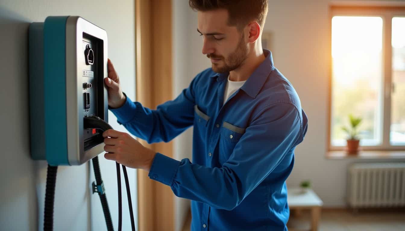 Électricien en train de raccorder une borne de recharge au tableau électrique d'une maison