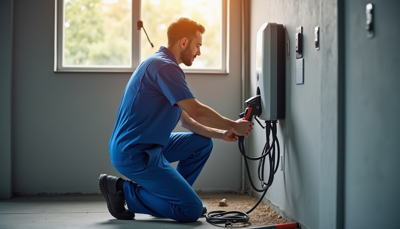 Électricien en train de raccorder une borne de recharge dans un garage à Quarouble