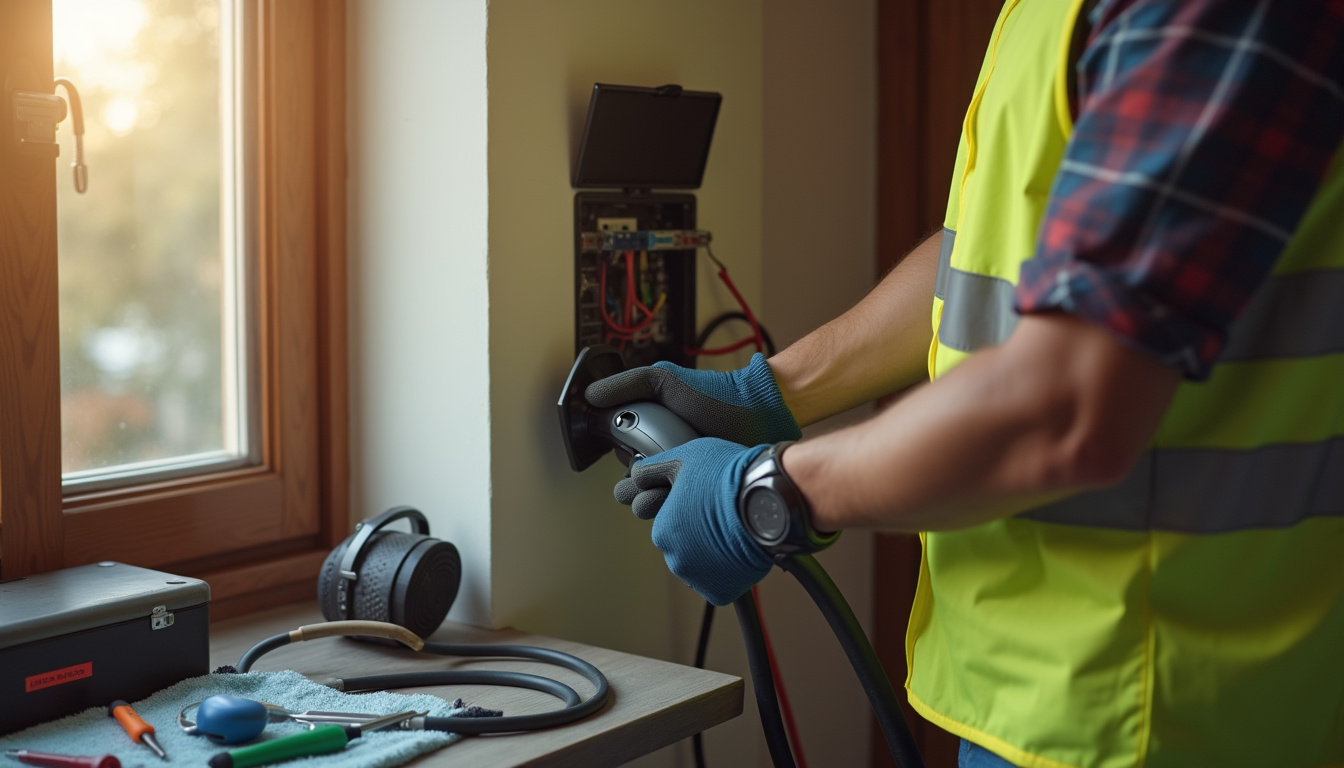 Électricien en train de raccorder une borne de recharge électrique au tableau électrique d'une maison à Challex