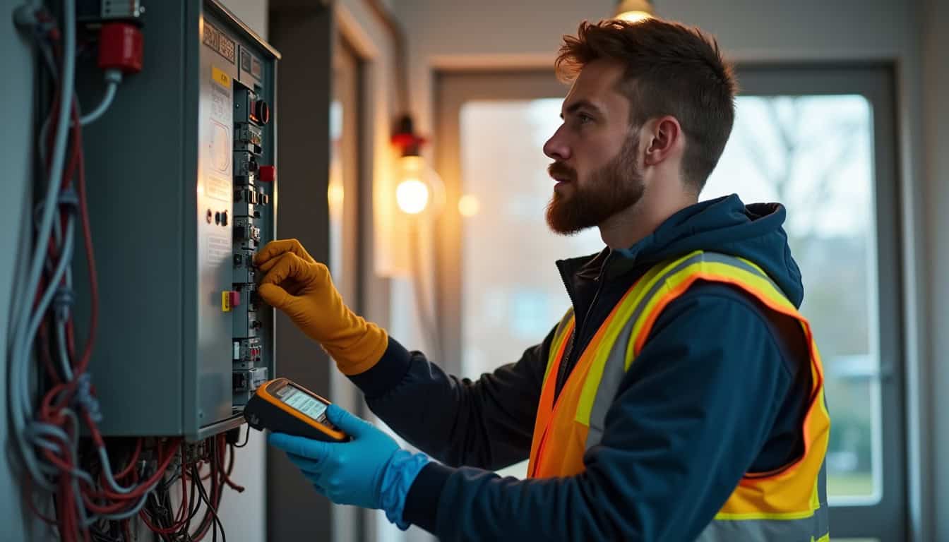 Électricien en train de réaliser un diagnostic électrique pour l'installation d'une borne de recharge à Guidel