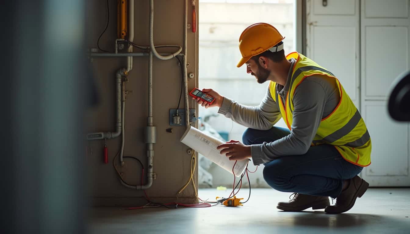 Électricien en train de réaliser une étude technique pour l'installation d'une borne de recharge à Bernis