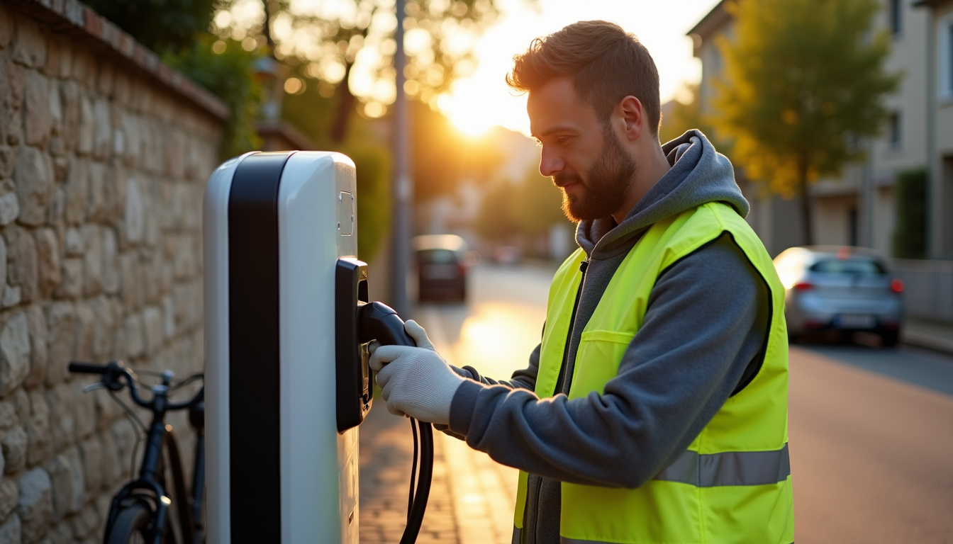 Électricien en train de tester une borne de recharge à Candas