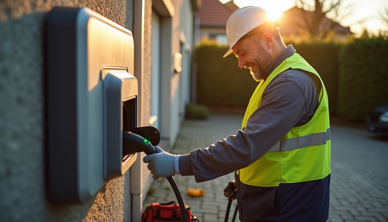 Électricien en train de tester une borne de recharge nouvellement installée à Blainville-sur-Orne