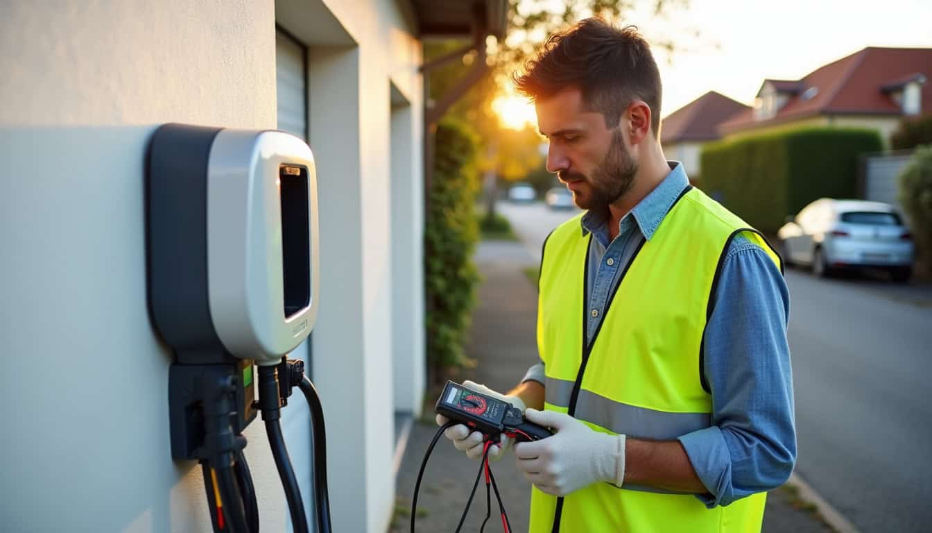 Électricien en train de tester une borne de recharge nouvellement installée à La Membrolle-sur-Choisille