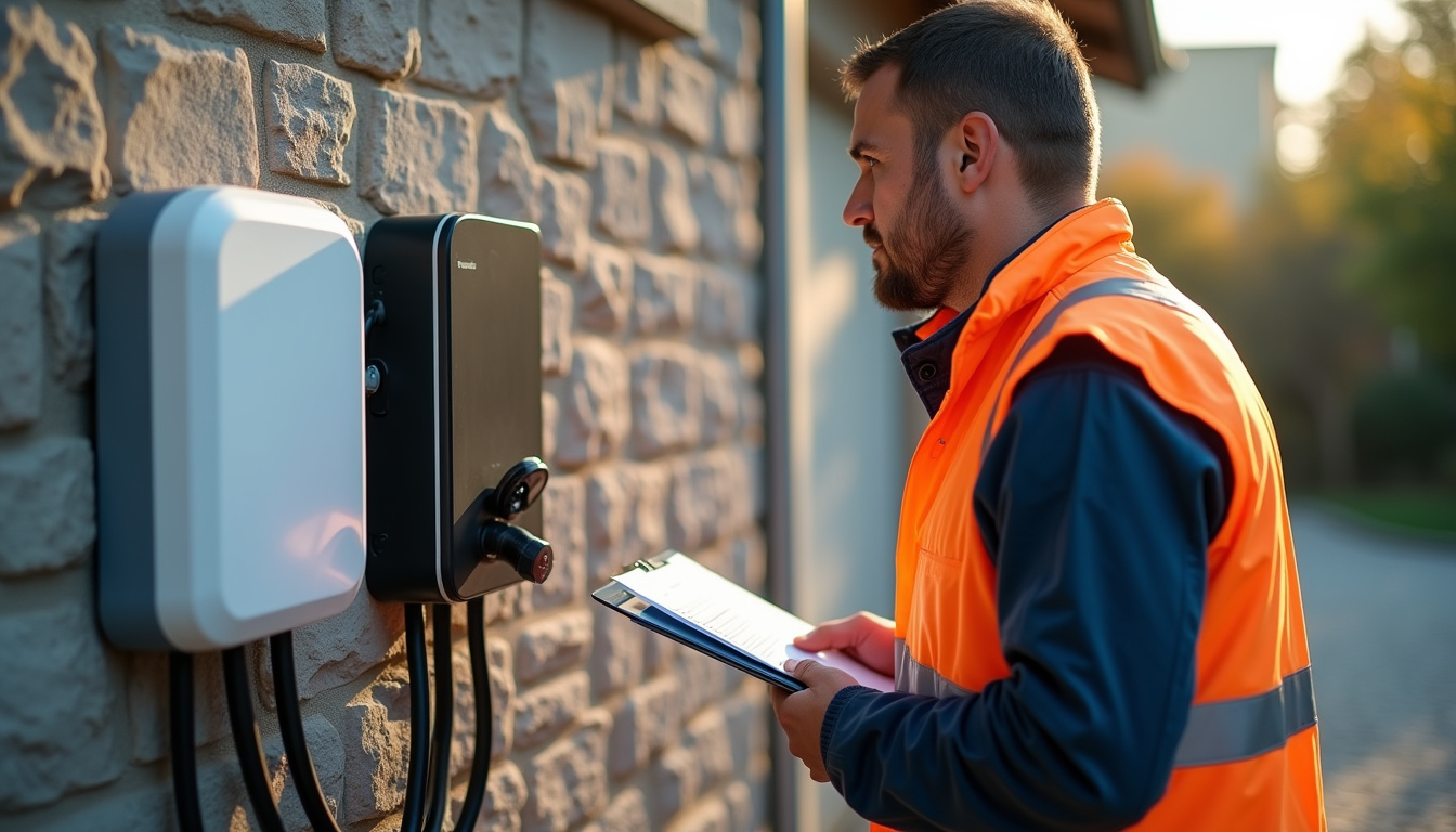 Électricien en train de vérifier la certification IRVE d'une installation de borne électrique à Chaunay