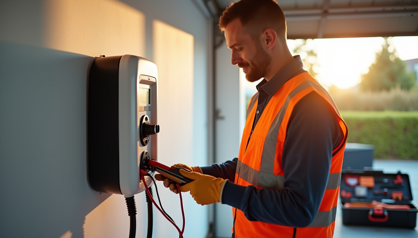 Électricien en train de vérifier la conformité d'une borne de recharge installée