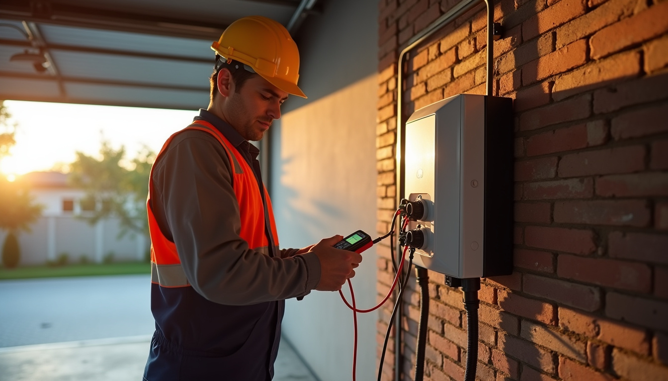Électricien en train de vérifier la conformité d'une installation de borne électrique à Pomarez