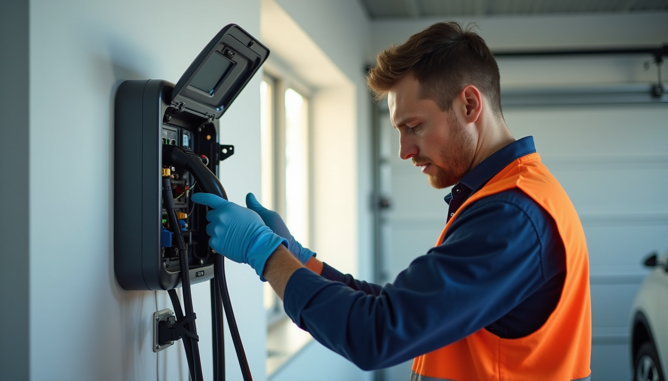Électricien en train de vérifier les connexions d’une borne électrique avant délivrance de l’attestation CONSUEL