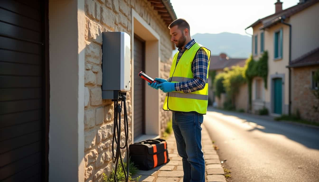 Électricien en train de vérifier l'installation d'une borne de recharge à Alboussière