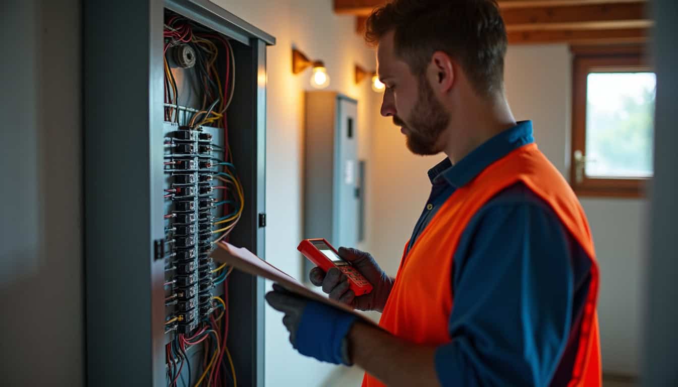 Électricien en train de vérifier un tableau électrique à Malintrat