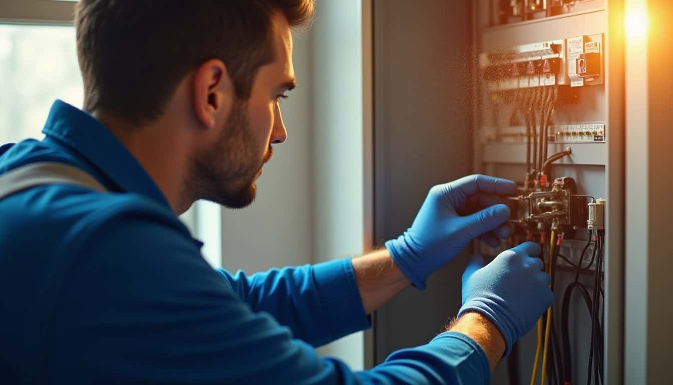 Électricien en train de vérifier un tableau électrique avant installation d'une borne de recharge à Dialan sur Chaîne
