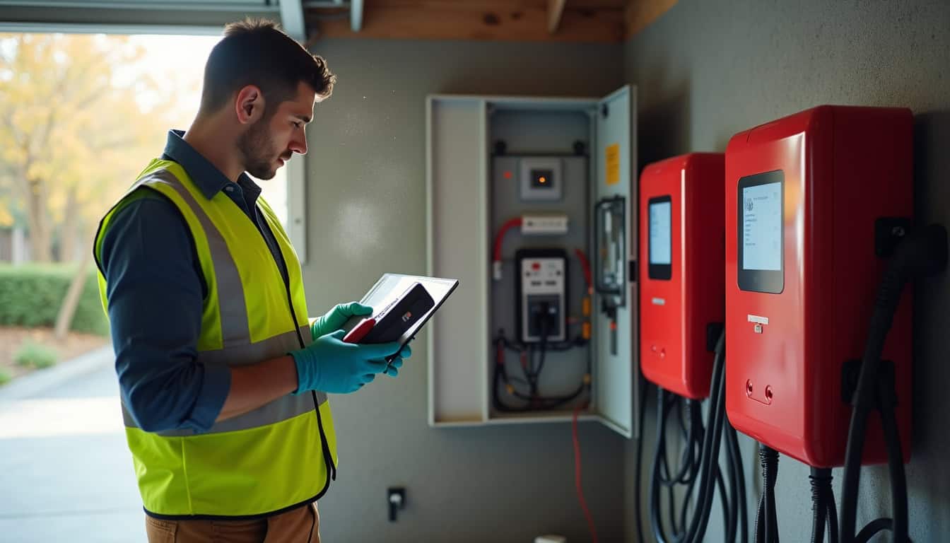 Électricien en train de vérifier un tableau électrique avant l'installation d'une borne de recharge