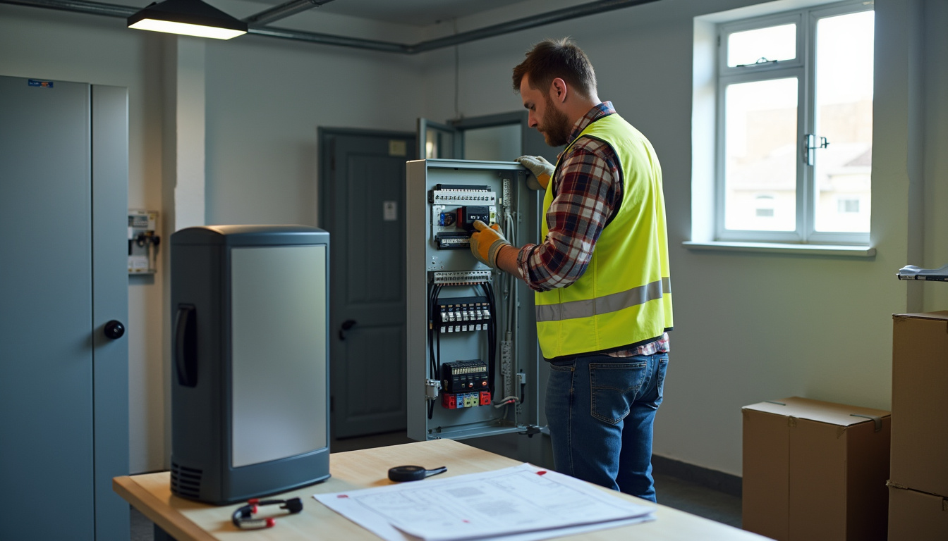 Électricien en train de vérifier un tableau électrique pour l'installation d'une borne de recharge