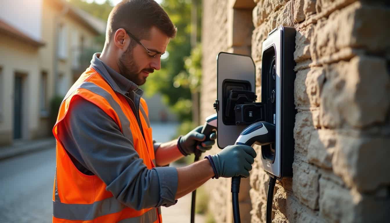Électricien en train d'effectuer le branchement d'une borne électrique à Saint-Georges-d'Orques