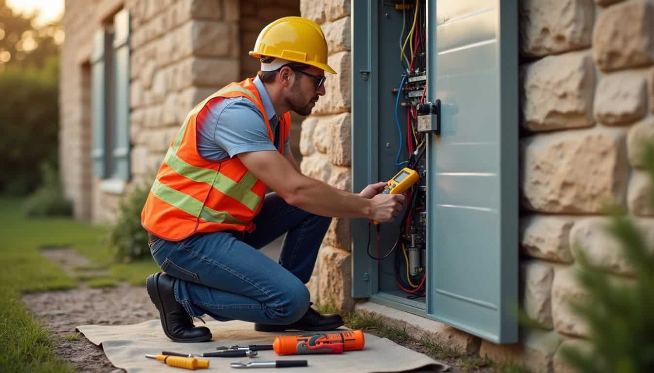 Électricien en train d'effectuer un diagnostic électrique avant installation d'une borne à Mézeray