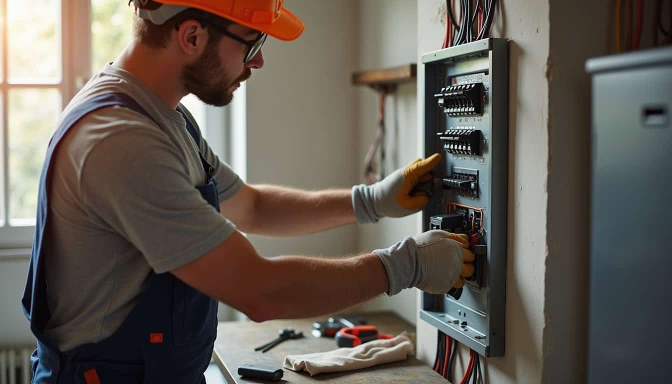 Électricien en train d'effectuer un diagnostic électrique sur un tableau domestique à Ploudaniel