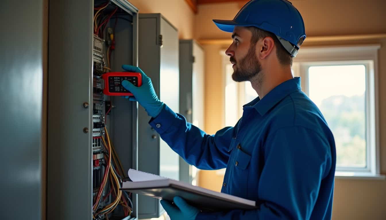 Électricien en train d'évaluer un tableau électrique avant installation d'une borne de recharge à Drefféac