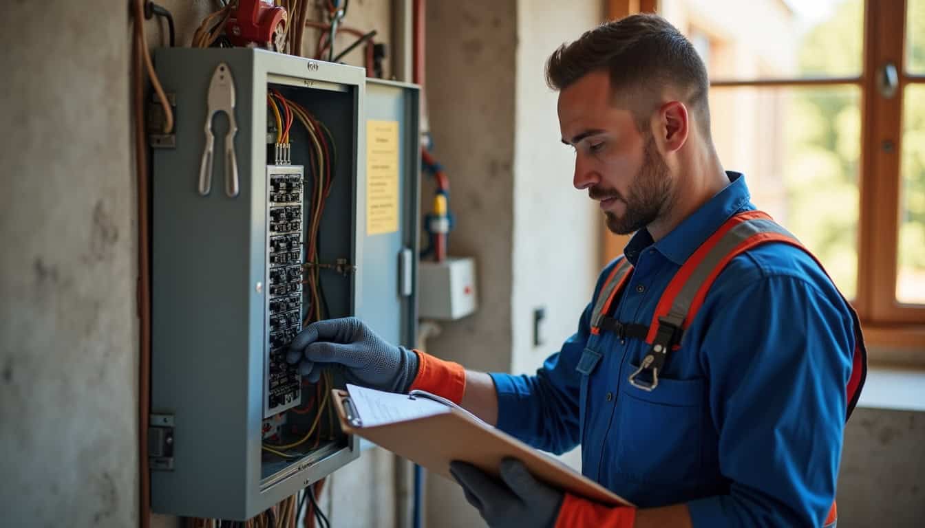 Électricien en train d'inspecter un tableau électrique avant l'installation d'une borne de recharge