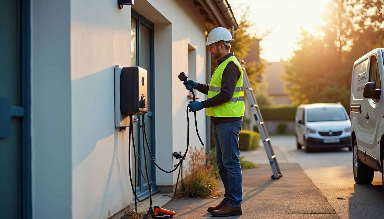 Électricien en train d'installer une borne de recharge à Algolsheim
